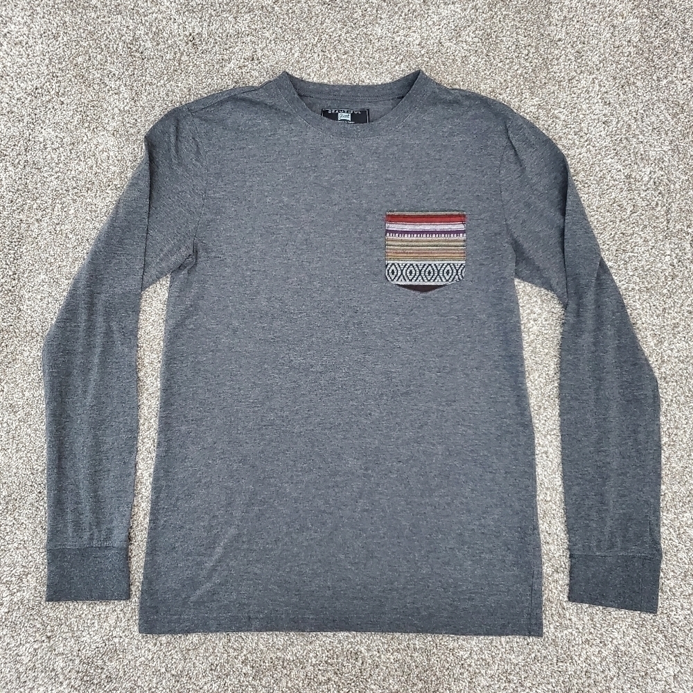 Beautiful Giant Mens Gray Long Sleeve Shirt w/ Multicolor Pocket Size Small